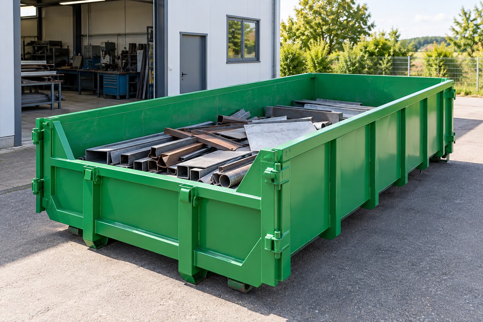 Illustratives Motiv: Metallcontainer an einer Werkstatt